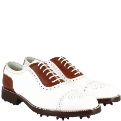 Scarpe Da Golf Uomo Classiche Artigianali In Pelle Bianca Marrone
