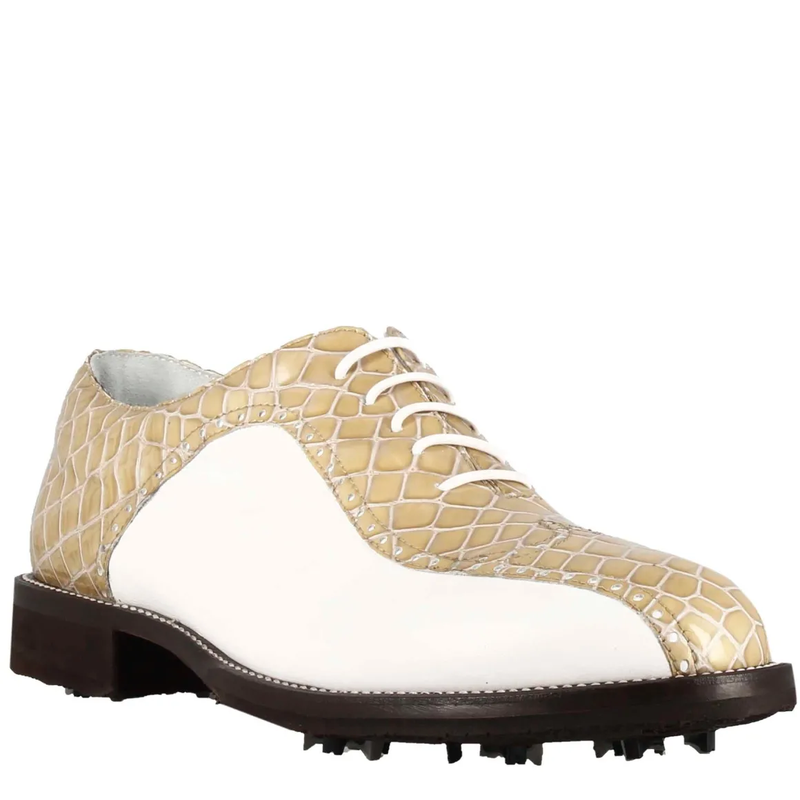 Scarpe Da Golf Uomo In Pelle Bicolore Bianca E Beige Con Stampa Cocco