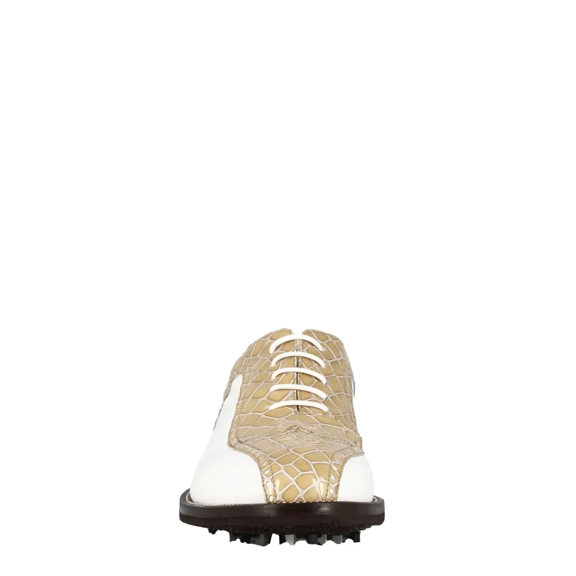 Scarpe Da Golf Uomo In Pelle Bicolore Bianca E Beige Con Stampa Cocco