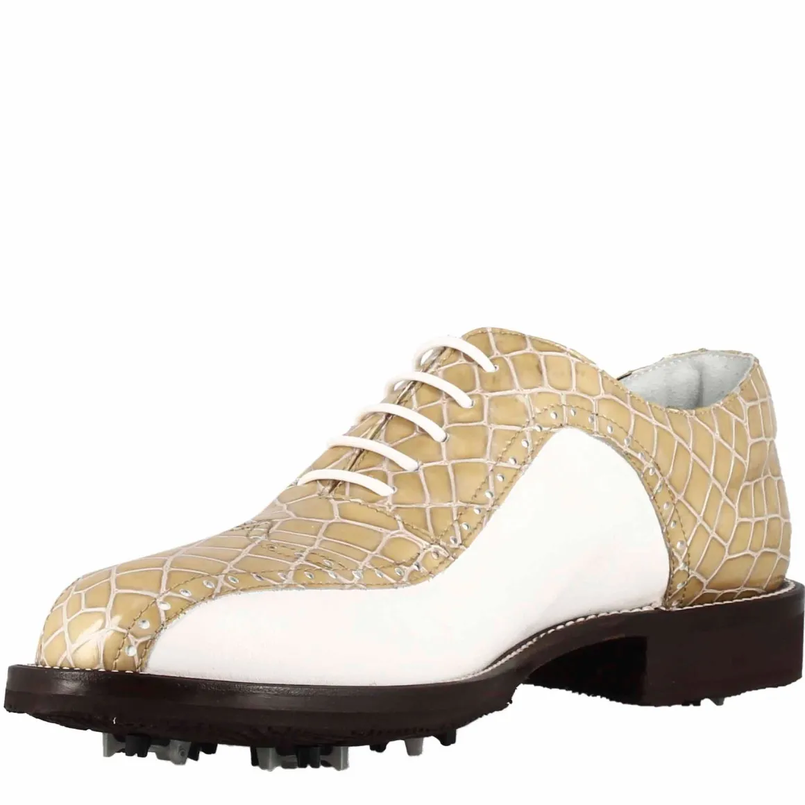 Scarpe Da Golf Uomo In Pelle Bicolore Bianca E Beige Con Stampa Cocco
