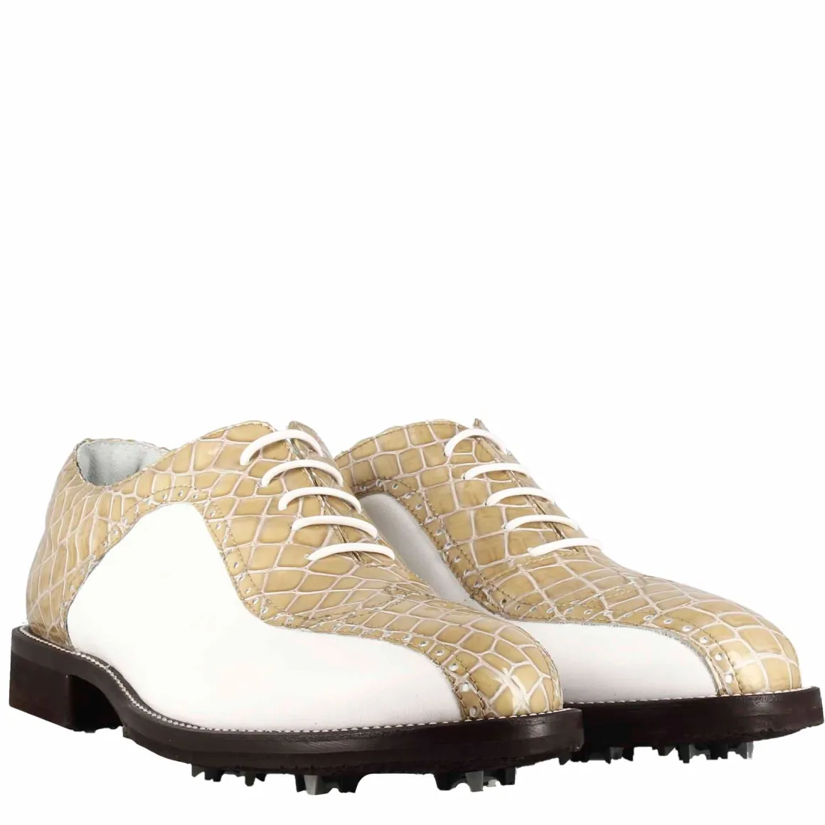 Scarpe Da Golf Uomo In Pelle Bicolore Bianca E Beige Con Stampa Cocco
