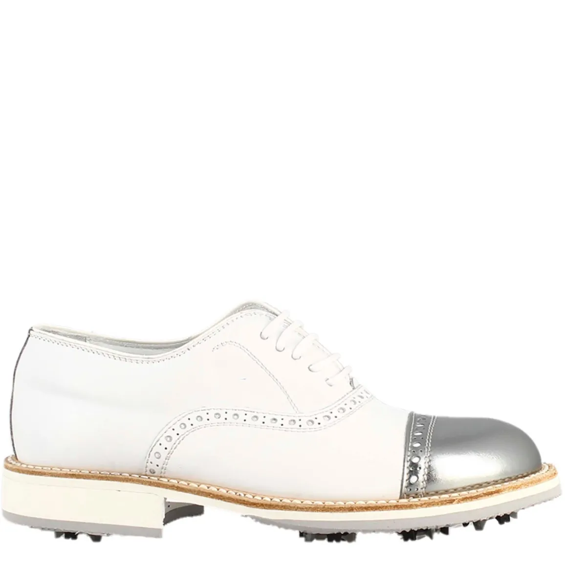 Scarpe Golf Da Donna Artigianali In Pelle Bianco E Dettagli In Argento