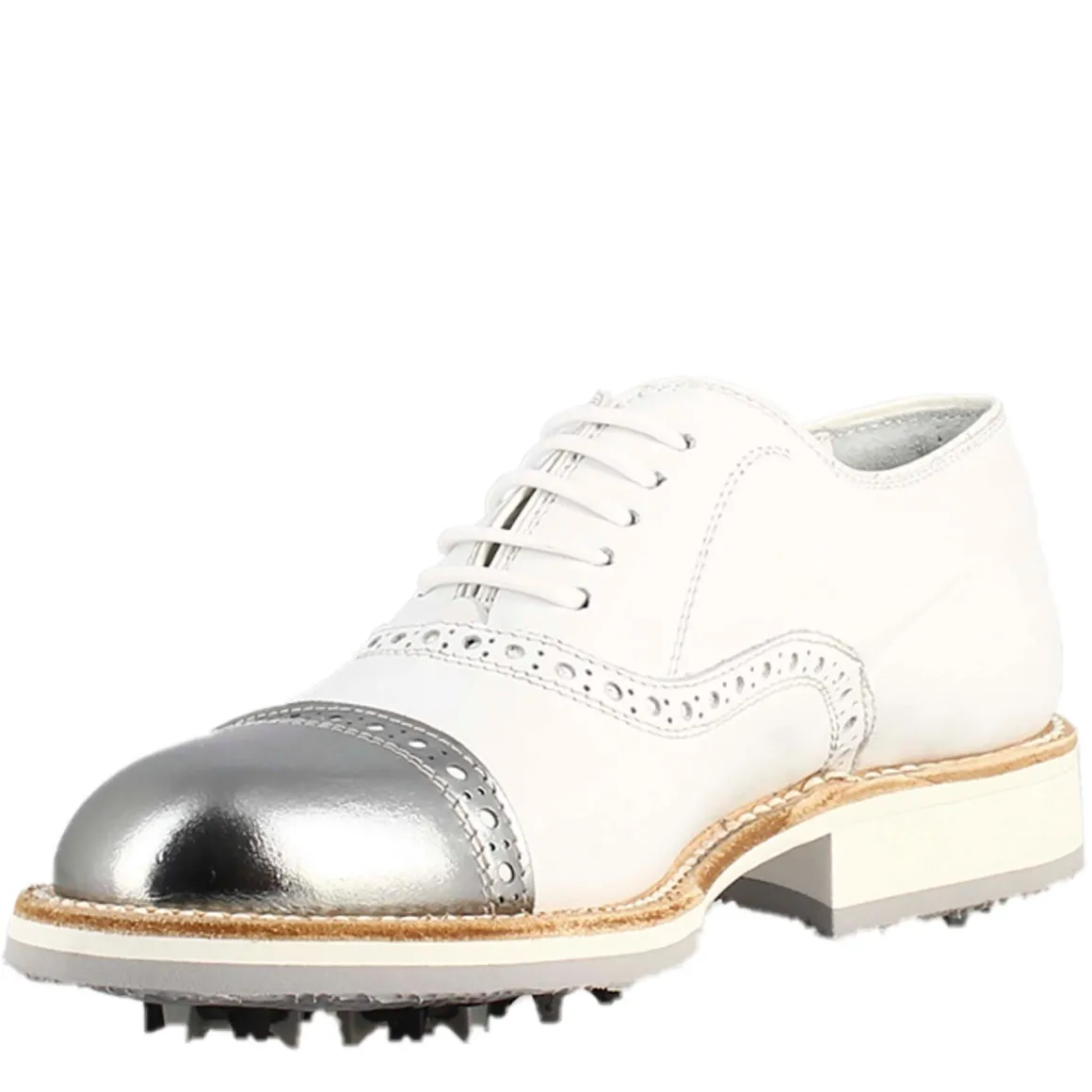 Scarpe Golf Da Donna Artigianali In Pelle Bianco E Dettagli In Argento