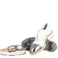 Scarpe Golf Da Donna Artigianali In Pelle Bianco E Dettagli In Argento