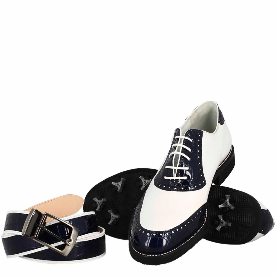 Scarpe Golf Da Donna Artigianali In Pelle Bianco E Cocco Blu