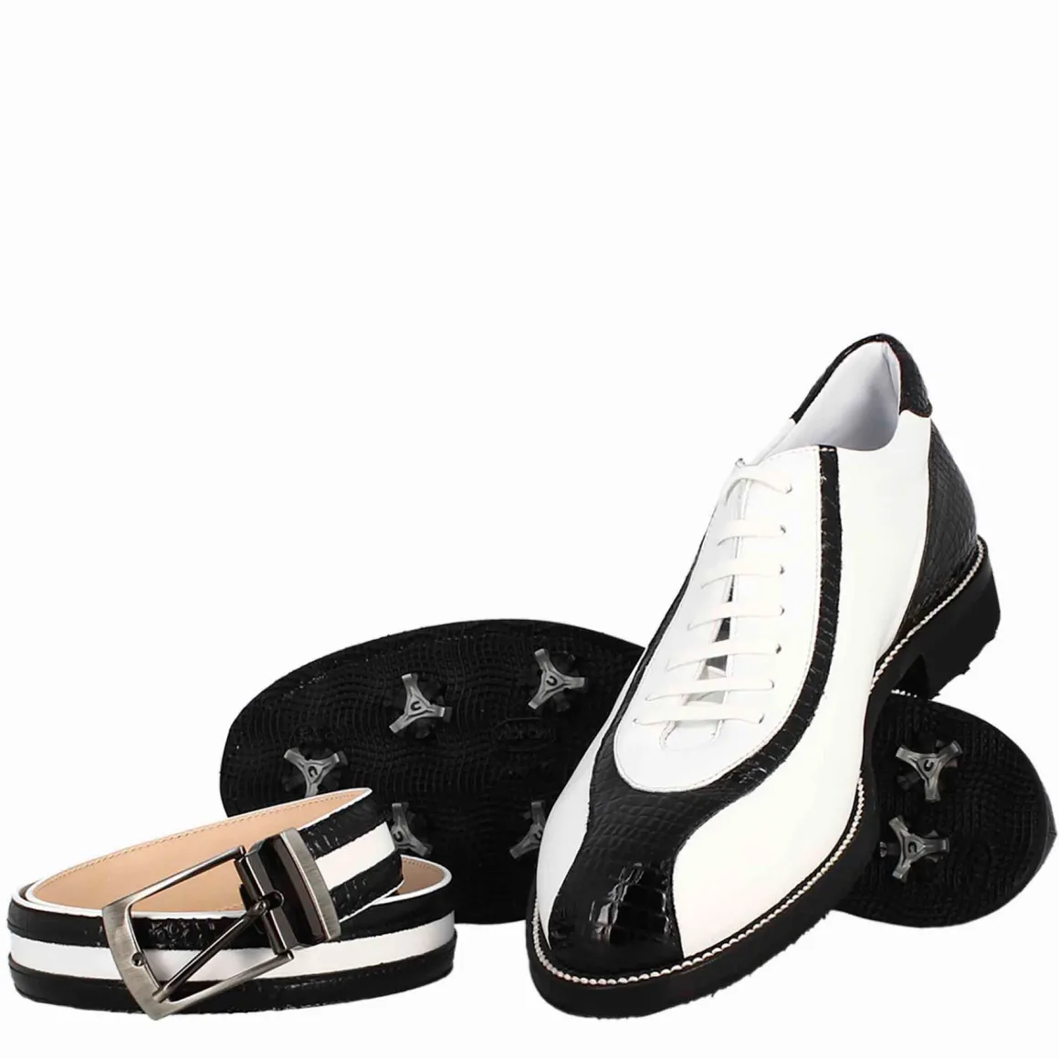 Scarpe Golf Da Donna Artigianali In Pelle Bianco E Dettagli In Cocco Nero