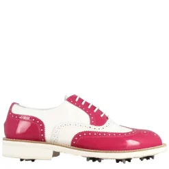 Scarpe Golf Da Donna Fatte A Mano In Pelle Lucida Colore Bianco Rosa.