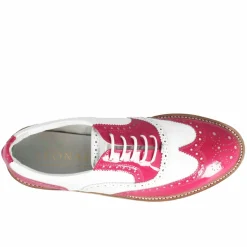 Scarpe Golf Da Donna Fatte A Mano In Pelle Lucida Colore Bianco Rosa.