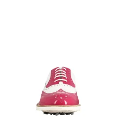Scarpe Golf Da Donna Fatte A Mano In Pelle Lucida Colore Bianco Rosa.