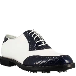 Scarpe Golf Da Uomo Artigianali In Pelle Bianco E Cocco Blu