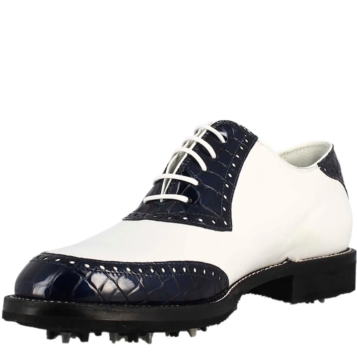 Scarpe Golf Da Uomo Artigianali In Pelle Bianco E Cocco Blu