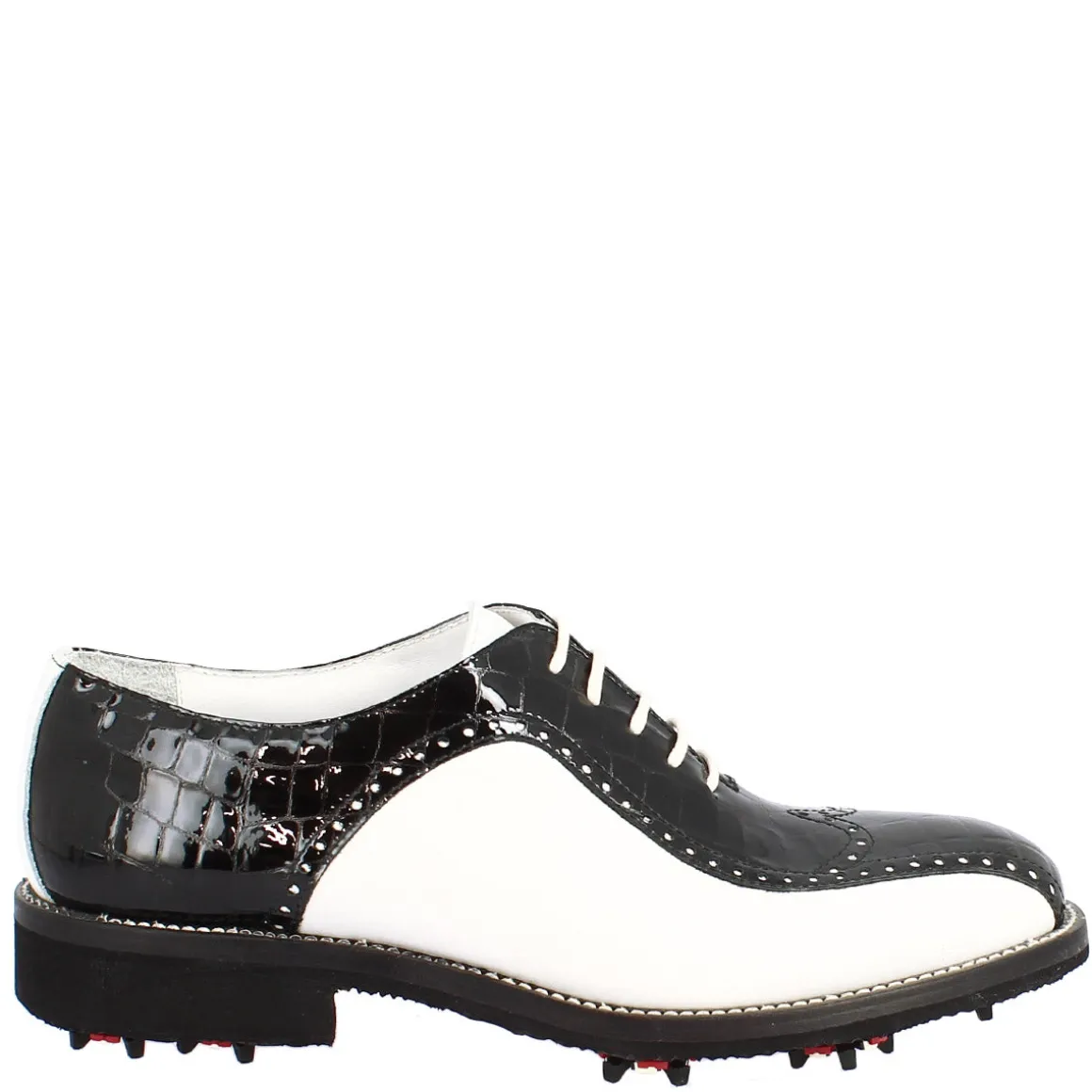 Scarpe Golf Donna Artigianali In Pelle Pieno Fiore Bianco Cocco Nero