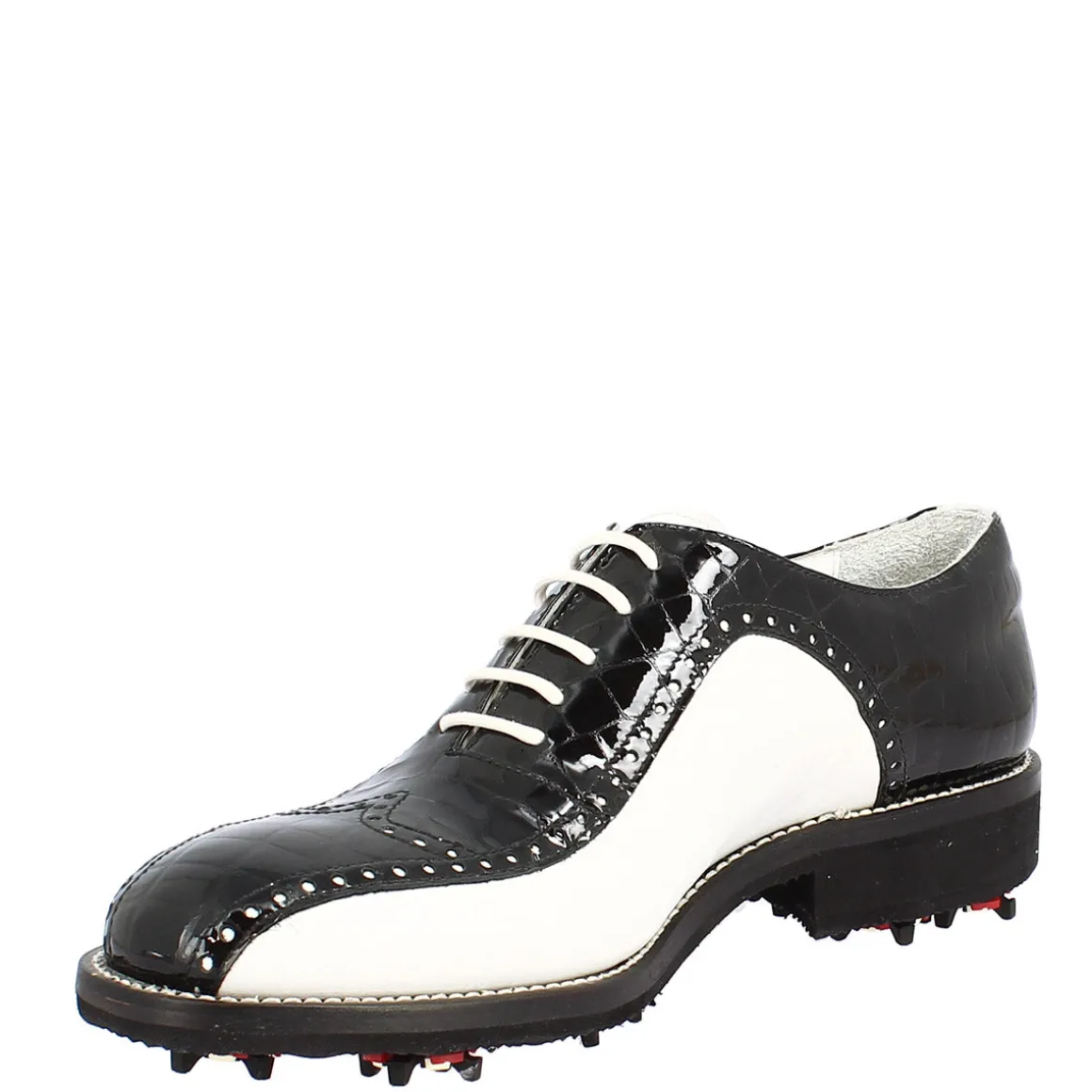 Scarpe Golf Donna Artigianali In Pelle Pieno Fiore Bianco Cocco Nero