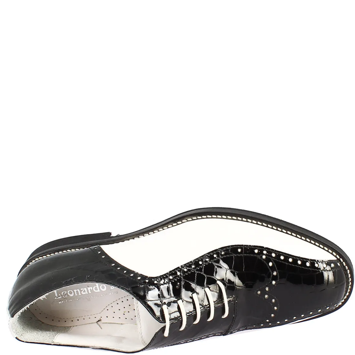 Scarpe Golf Donna Artigianali In Pelle Pieno Fiore Bianco Cocco Nero