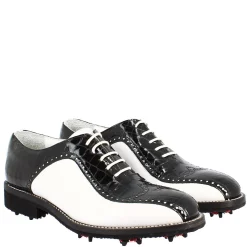 Scarpe Golf Donna Artigianali In Pelle Pieno Fiore Bianco Cocco Nero