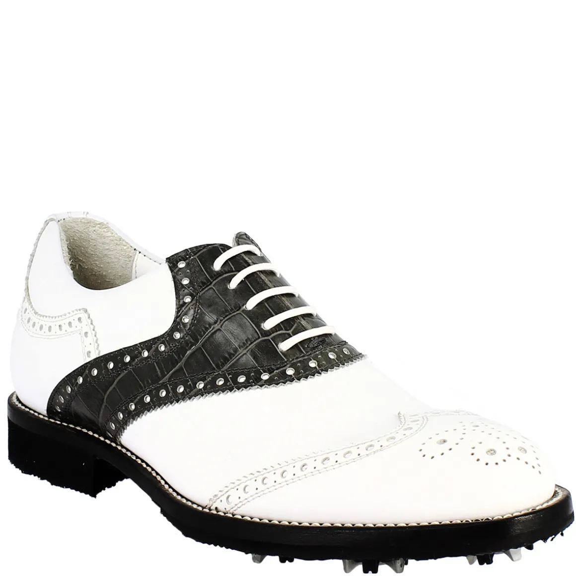 Scarpe Golf Donna Artigianali In Pelle Pieno Fiore Bianco Nero
