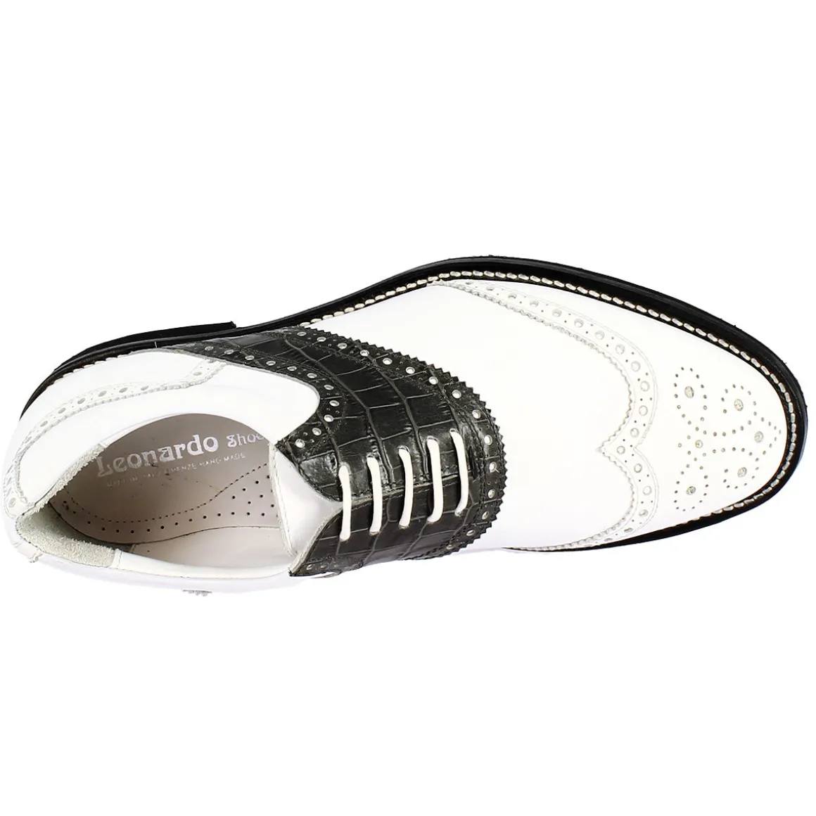 Scarpe Golf Donna Artigianali In Pelle Pieno Fiore Bianco Nero