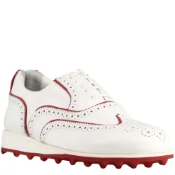 Scarpe Golf Fatte A Mano Da Donna In Pelle Colore Bianco Con Dettagli Colore Rosso.