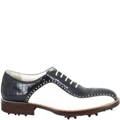 Scarpe Golf Uomo Artigianali In Pelle Pieno Fiore Bianco Cocco Blu