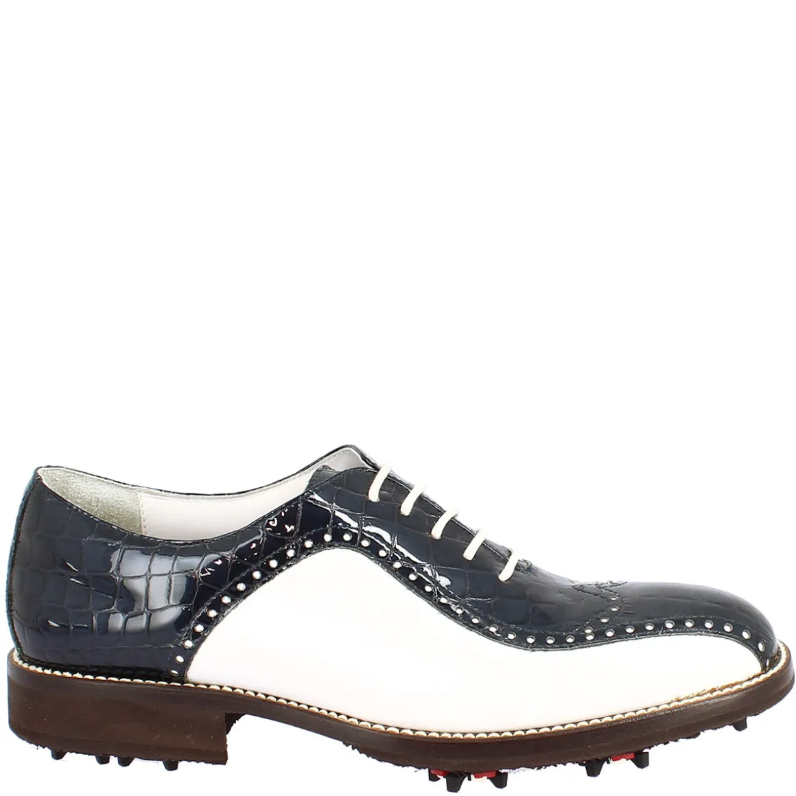Scarpe Golf Uomo Artigianali In Pelle Pieno Fiore Bianco Cocco Blu