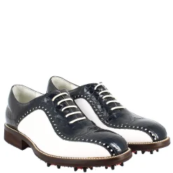 Scarpe Golf Uomo Artigianali In Pelle Pieno Fiore Bianco Cocco Blu