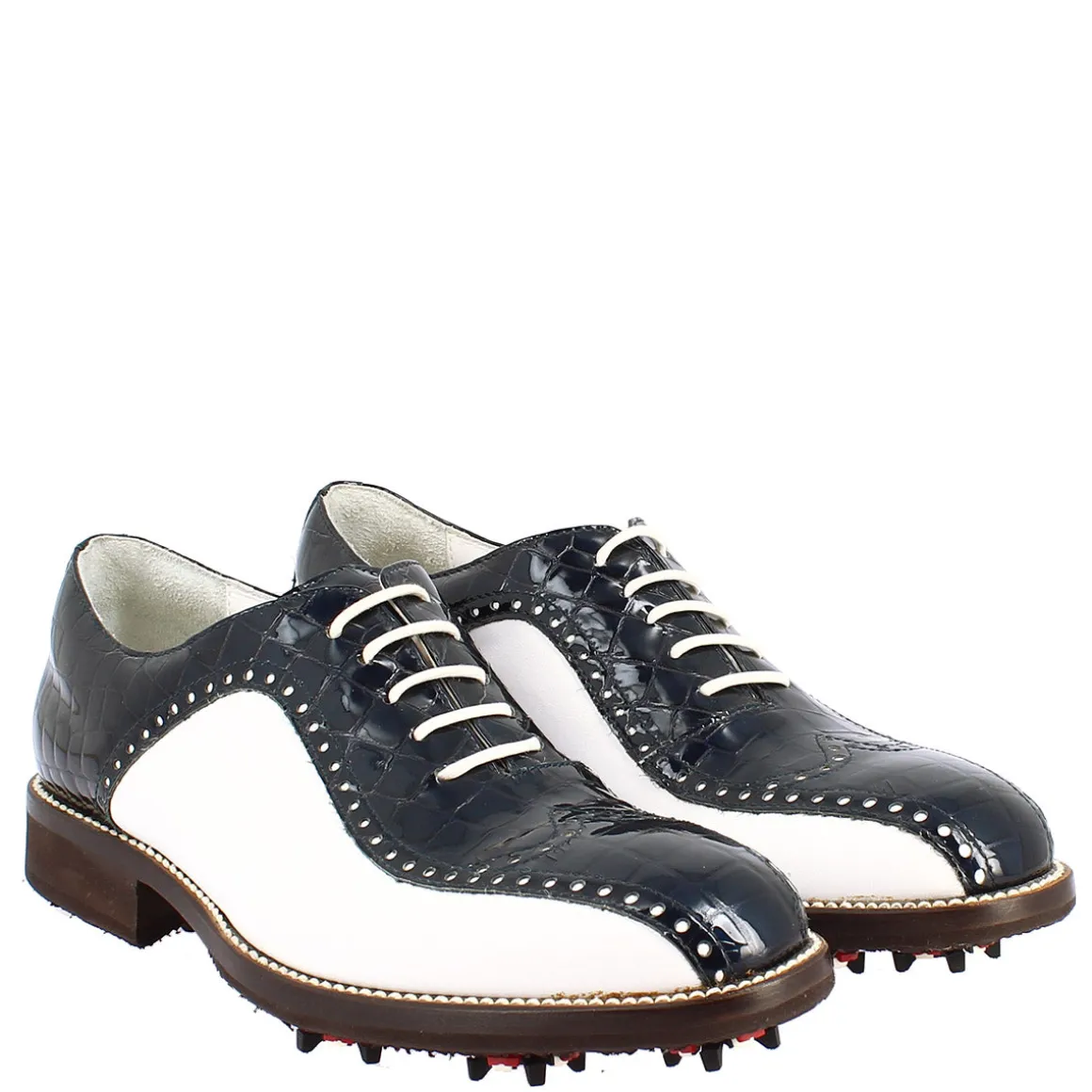 Scarpe Golf Uomo Artigianali In Pelle Pieno Fiore Bianco Cocco Blu