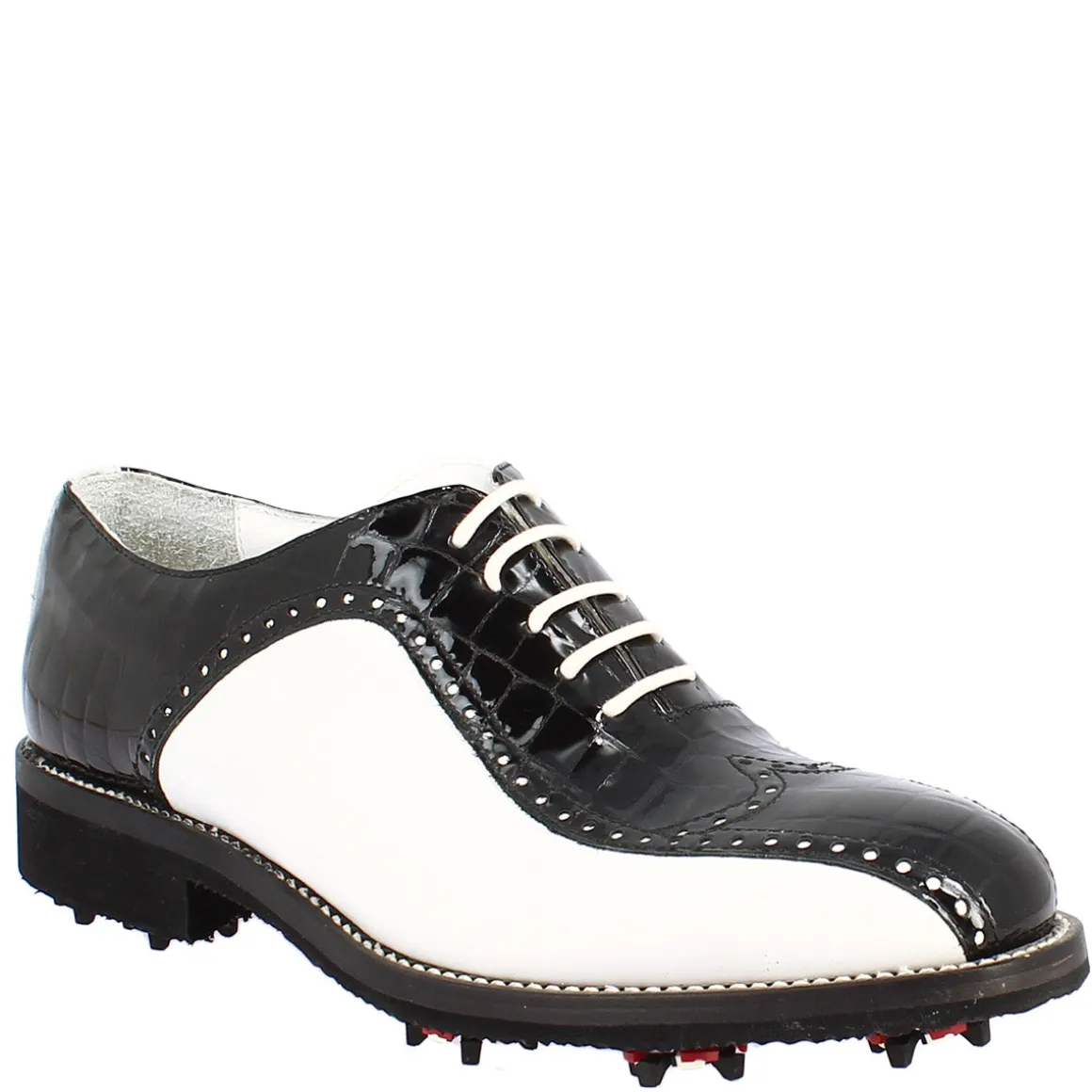 Scarpe Golf Uomo Artigianali In Pelle Pieno Fiore Bianco Cocco Nero