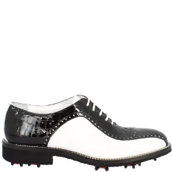 Scarpe Golf Uomo Artigianali In Pelle Pieno Fiore Bianco Cocco Nero