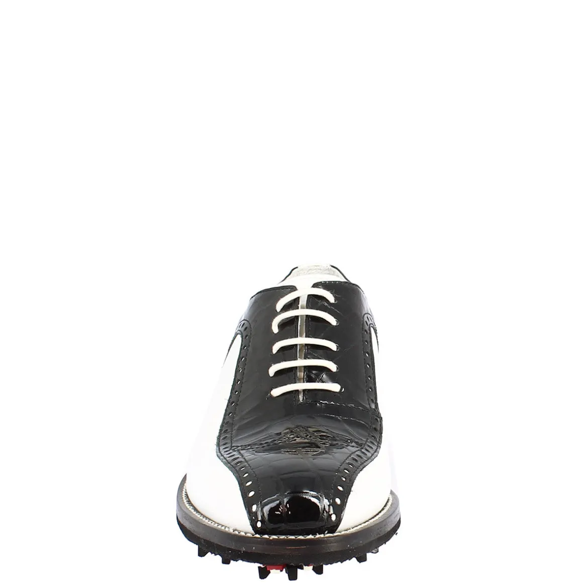 Scarpe Golf Uomo Artigianali In Pelle Pieno Fiore Bianco Cocco Nero