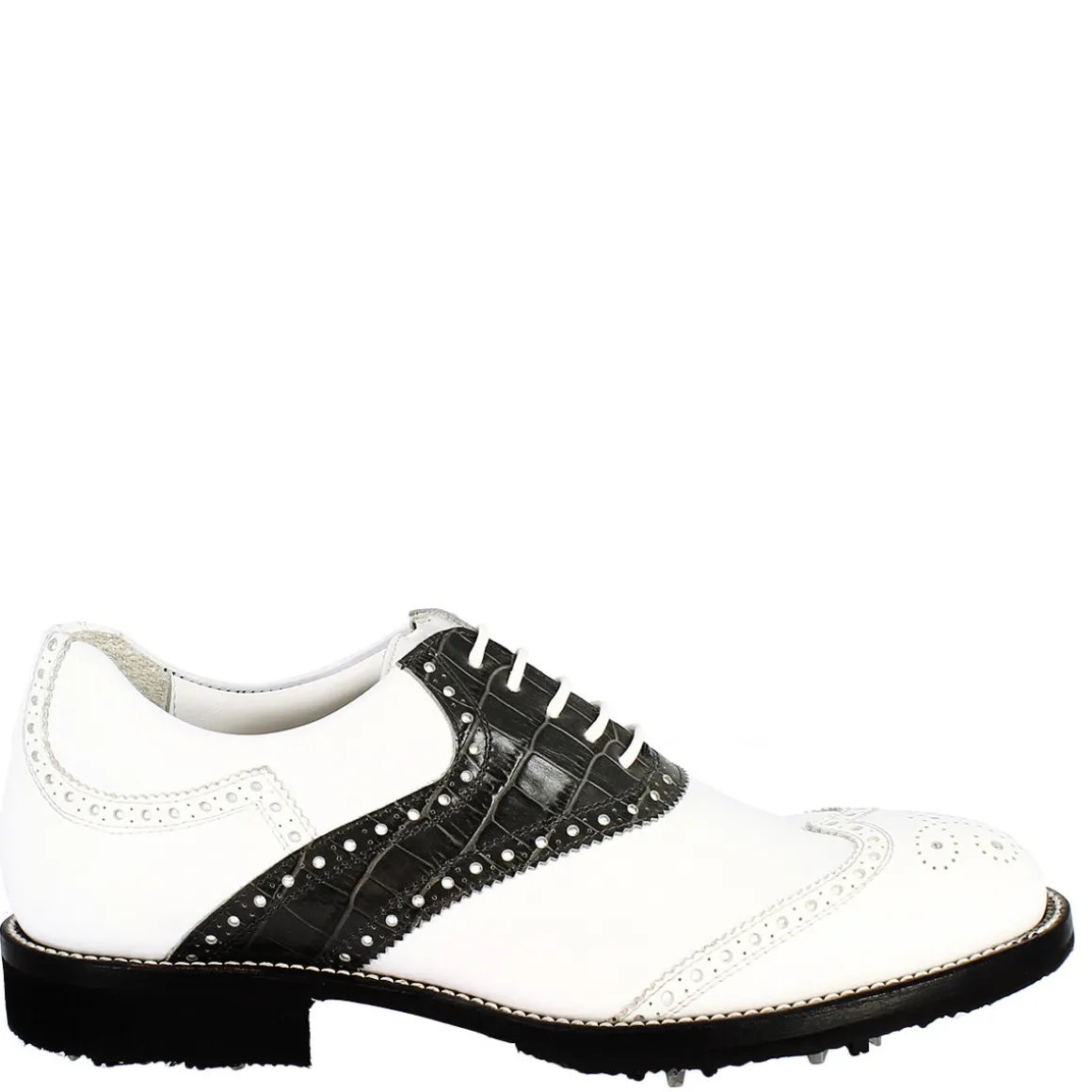 Scarpe Golf Uomo Artigianali In Pelle Pieno Fiore Bianco Nero