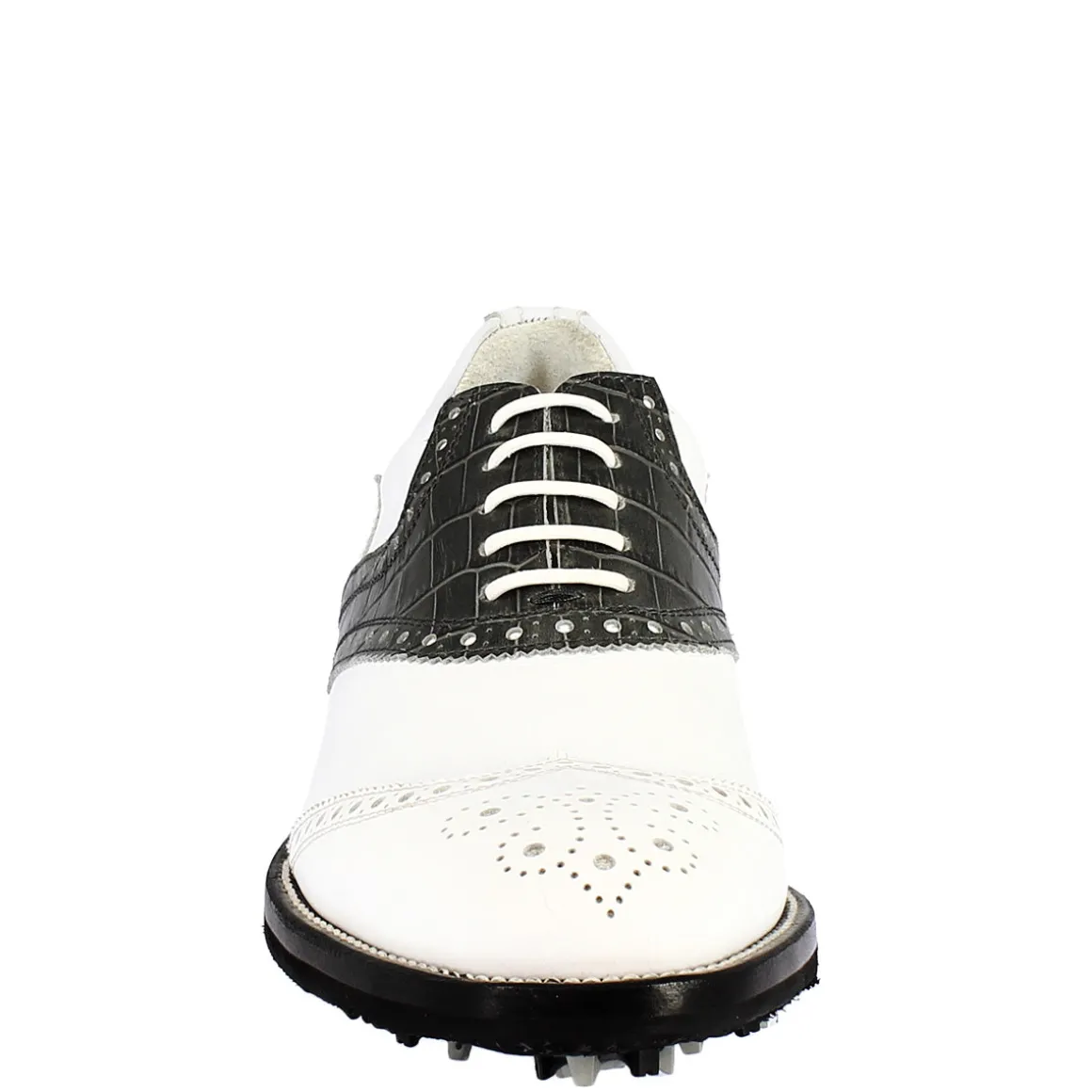 Scarpe Golf Uomo Artigianali In Pelle Pieno Fiore Bianco Nero