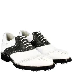 Scarpe Golf Uomo Artigianali In Pelle Pieno Fiore Bianco Nero