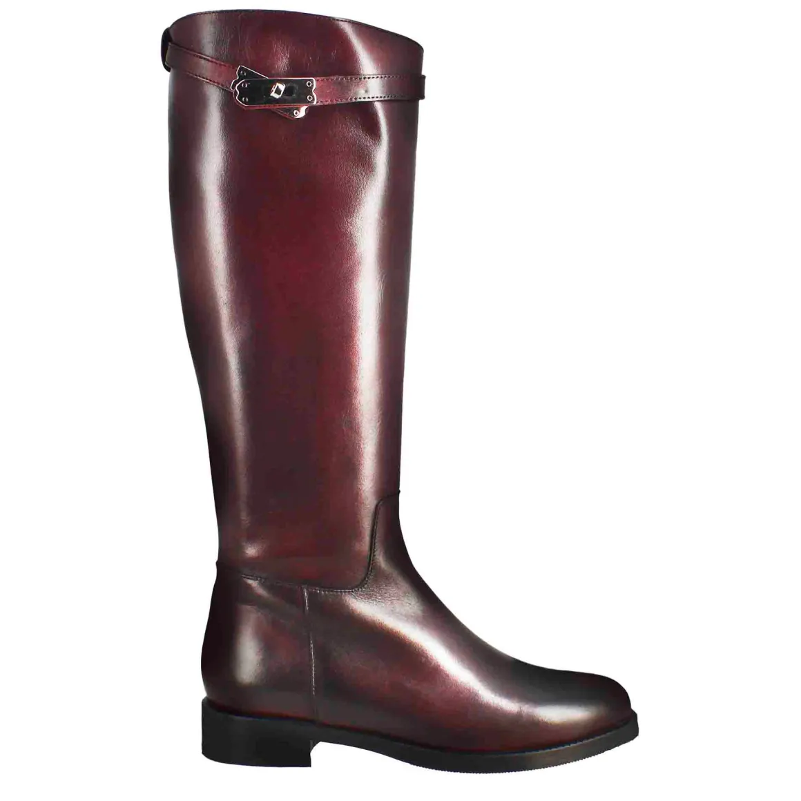 Stivale Al Ginocchio Da Donna Liscio Con Tacco Basso In Pelle Colore Bordeaux