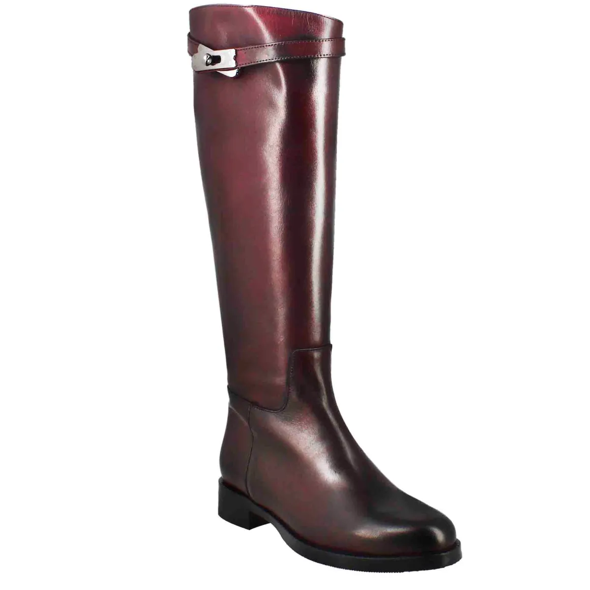 Stivale Al Ginocchio Da Donna Liscio Con Tacco Basso In Pelle Colore Bordeaux
