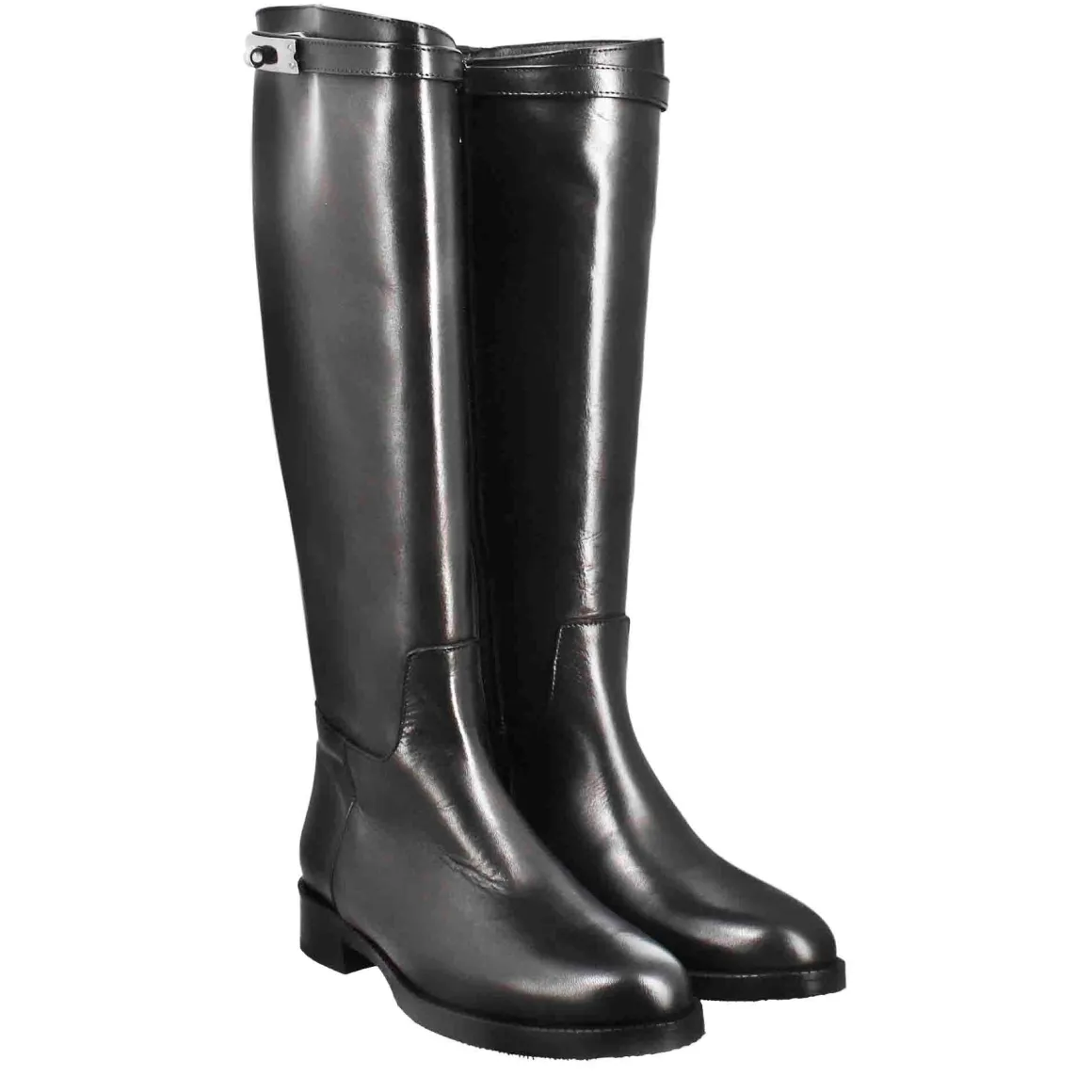 Stivale Al Ginocchio Da Donna Liscio Con Tacco Basso In Pelle Colore Nero