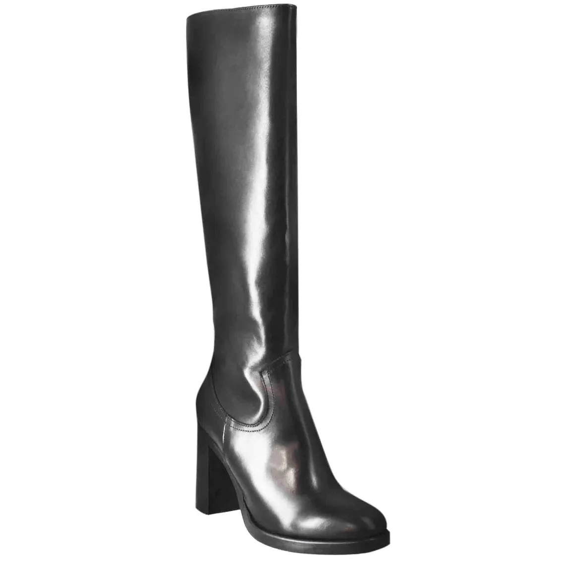 Stivale Al Ginocchio Da Donna Liscio Con Tacco Alto In Pelle Nero