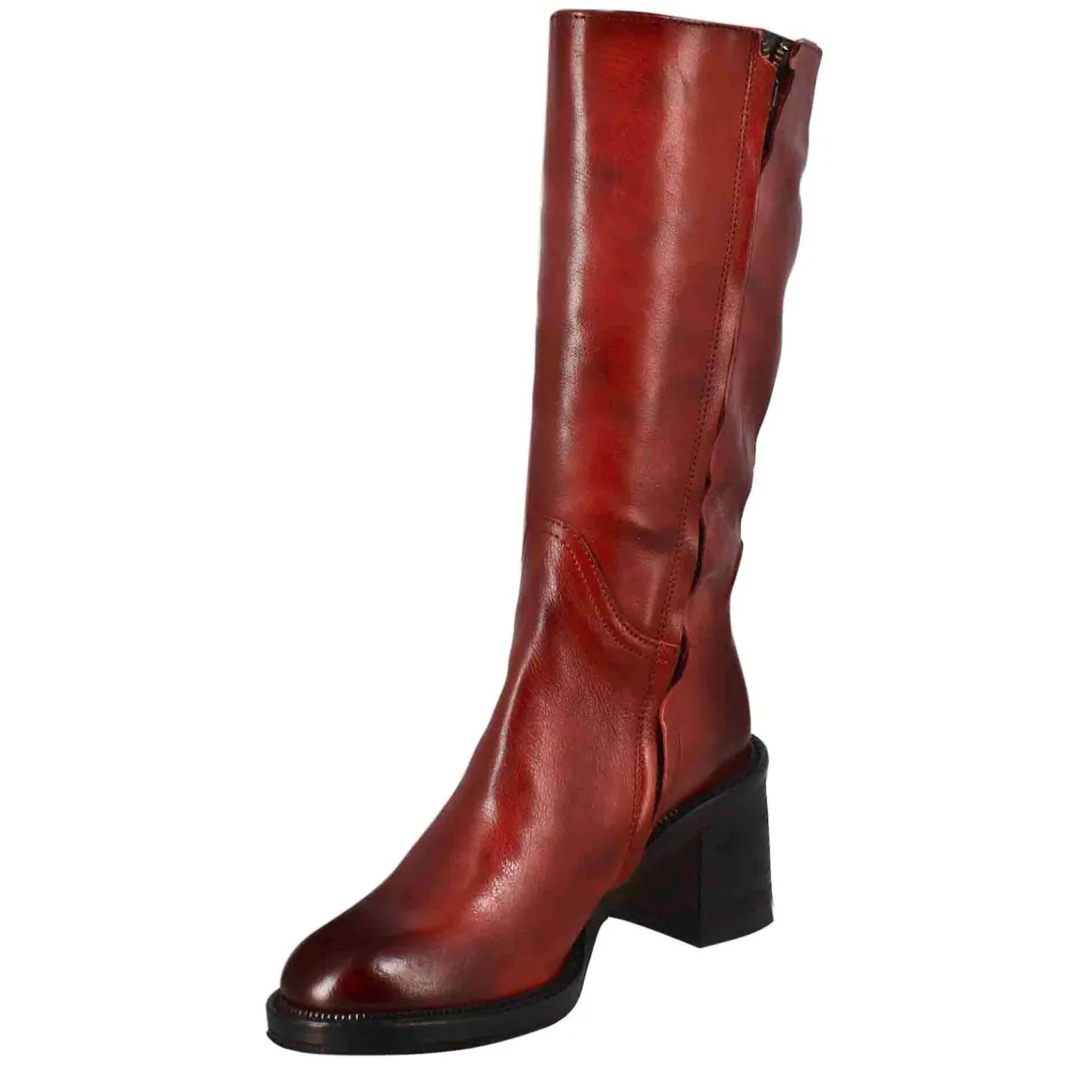 Stivale Diver Altezza Polpaccio Da Donna Con Tacco In Pelle Lavata Colore Rosso