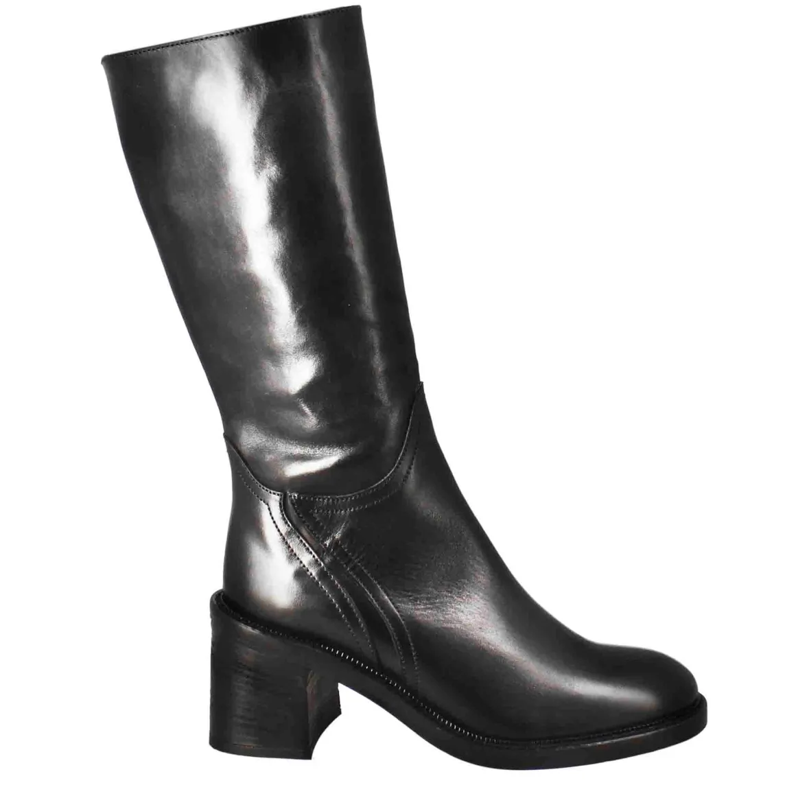 Stivale Diver Altezza Polpaccio Da Donna Con Tacco In Pelle Lavata Color Nero