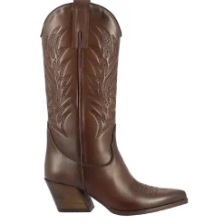 Stivale Texano Da Donna In Pelle Marrone Con Ricamo