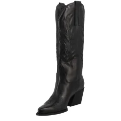 Stivale Texano Da Donna In Pelle Nera Con Ricamo
