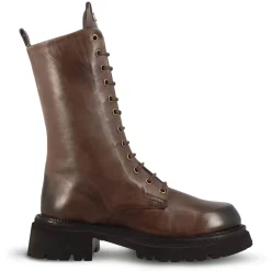 Stivaletto Anfibio Da Donna In Vera Pelle Colore Marrone Scuro Con Allacciatura