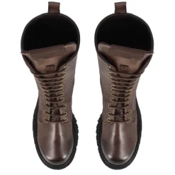 Stivaletto Anfibio Da Donna In Vera Pelle Colore Marrone Scuro Con Allacciatura
