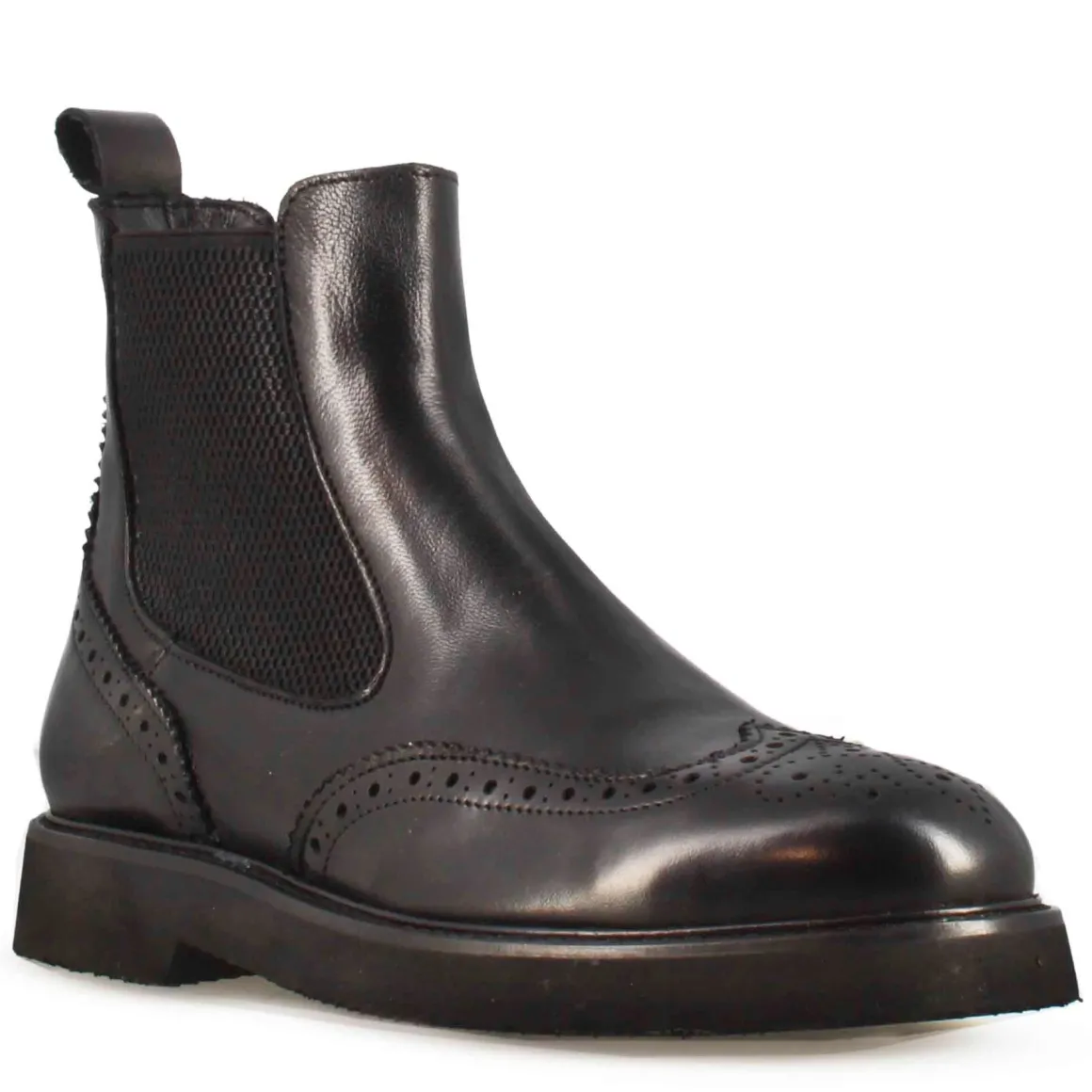 Stivaletto Chelsea Brogue Da Donna In Vera Pelle Colore Nero