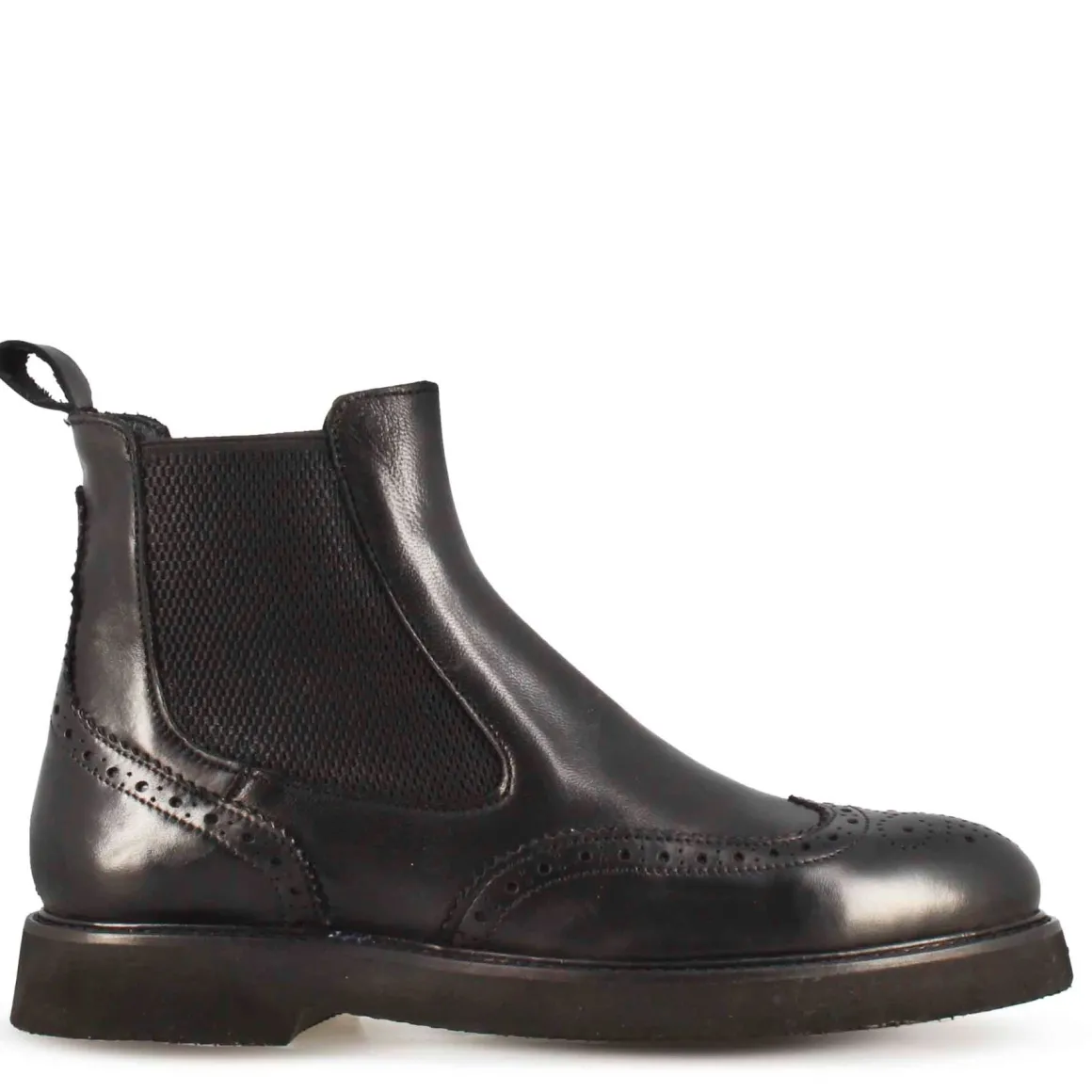 Stivaletto Chelsea Brogue Da Donna In Vera Pelle Colore Nero