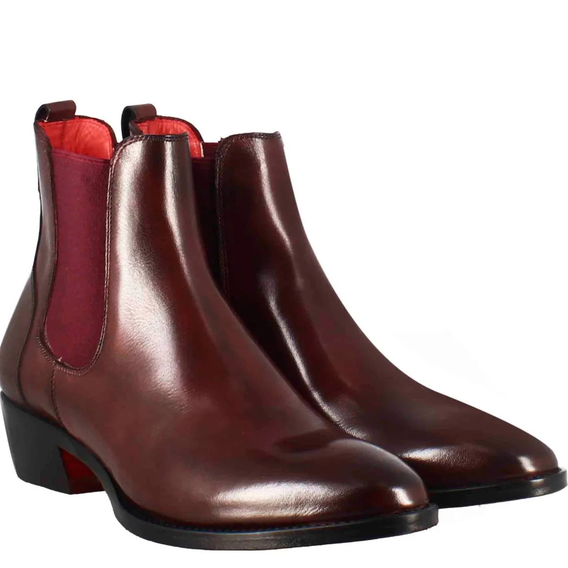Stivaletto Da Donna Chelsea Liscio Con Tacco Medio In Pelle Colore Bordeaux