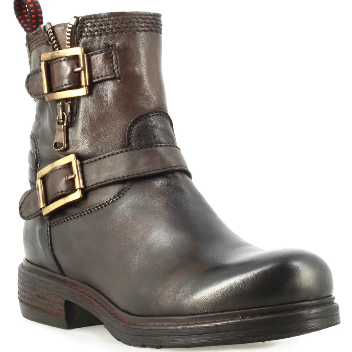 Stivaletto Da Donna Con Doppia Fibbia In Vera Pelle Colore Marrone Scuro