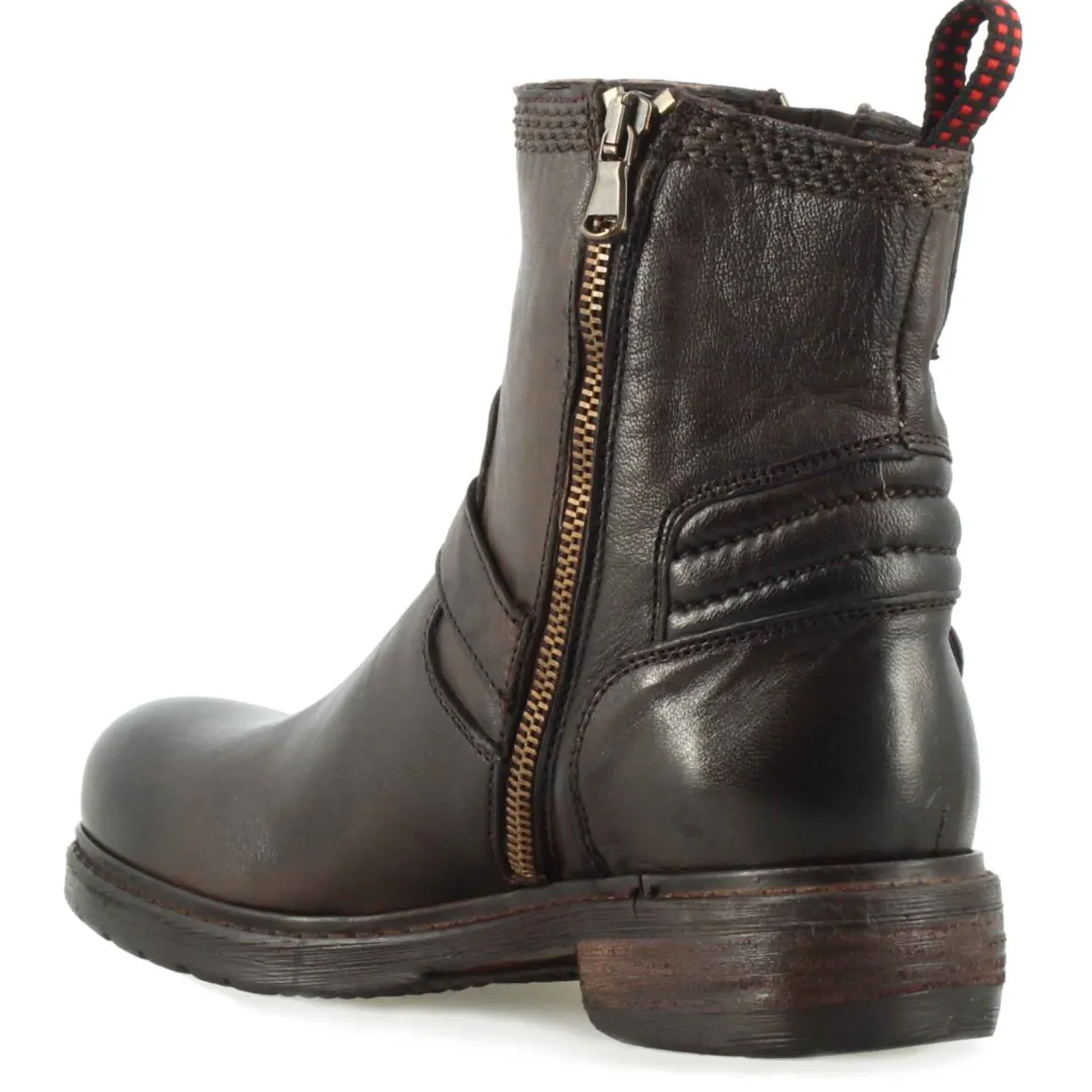 Stivaletto Da Donna Con Doppia Fibbia In Vera Pelle Colore Marrone Scuro