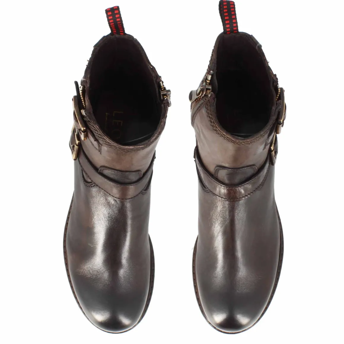 Stivaletto Da Donna Con Doppia Fibbia In Vera Pelle Colore Marrone Scuro