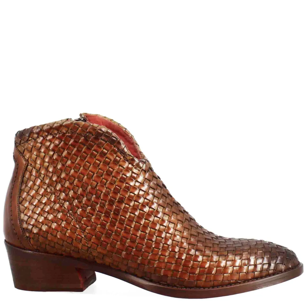 Stivaletto Da Donna Con Tacco Medio In Pelle Intrecciata Colore Marrone Chiaro