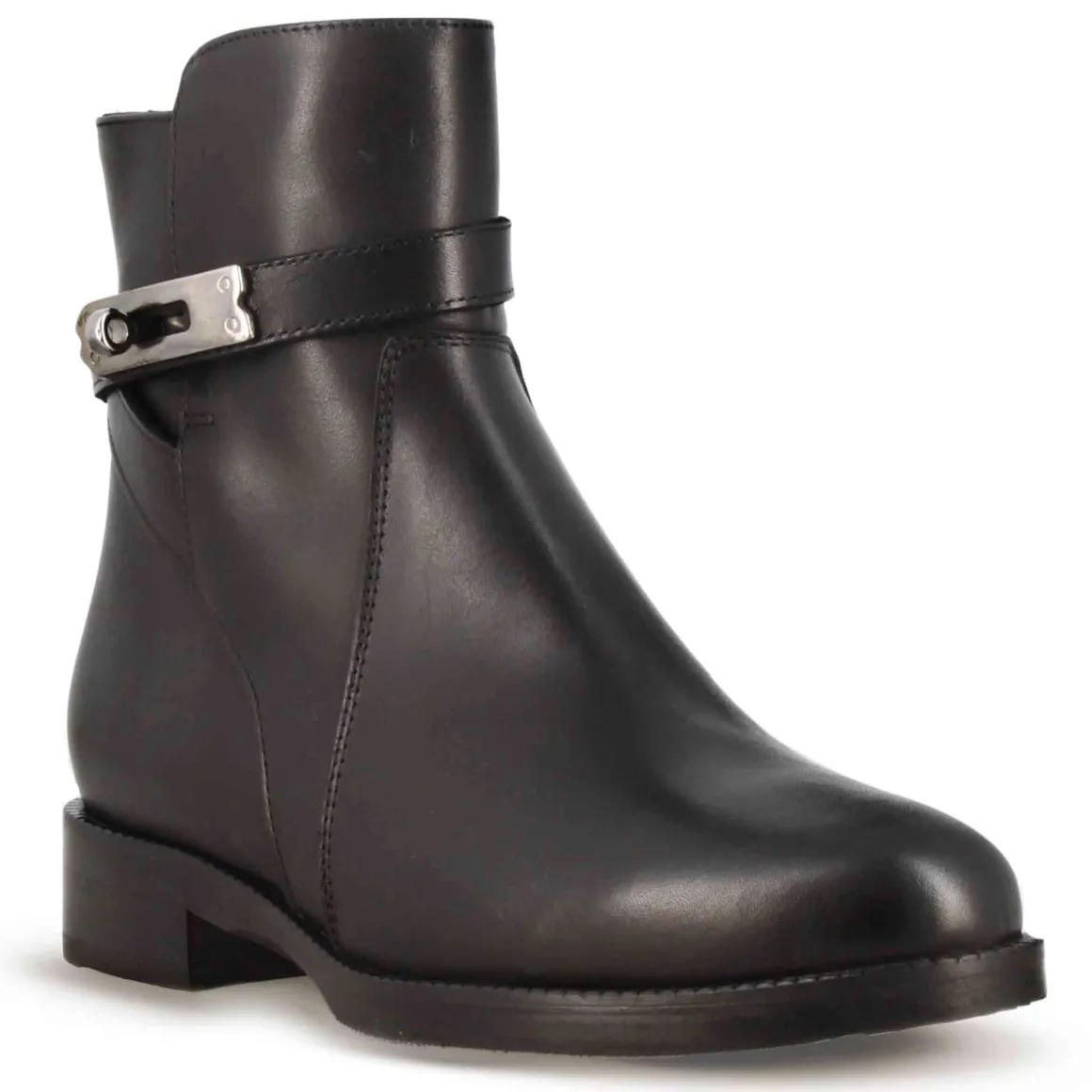 Stivaletto Da Donna In Pelle Colore Nero Con Fibbia Decorativa Alla Caviglia